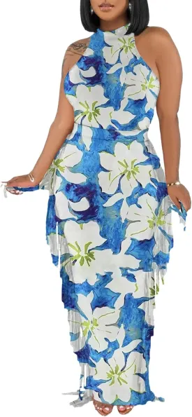2 Piece Outfits for Women Sexy Halter Neck Sleeveless Crop Tops Ruched Bodycon Dresses Jumpsuits Fringe Skirt Sets