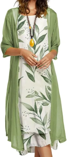 Akivide Womens Two-Piece Set Floral Print Midi Dress with Cardigan Chiffon Sleeveless Plus Size Wedding Guest Dresses