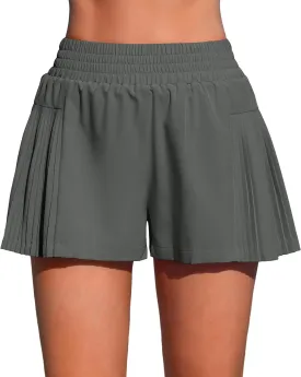 ATTRACO Women's 3" High Waisted Swim Board Shorts Pleated Summer Beach Shorts with Pockets
