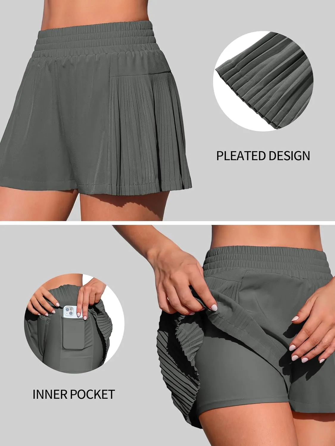 ATTRACO Women's 3" High Waisted Swim Board Shorts Pleated Summer Beach Shorts with Pockets