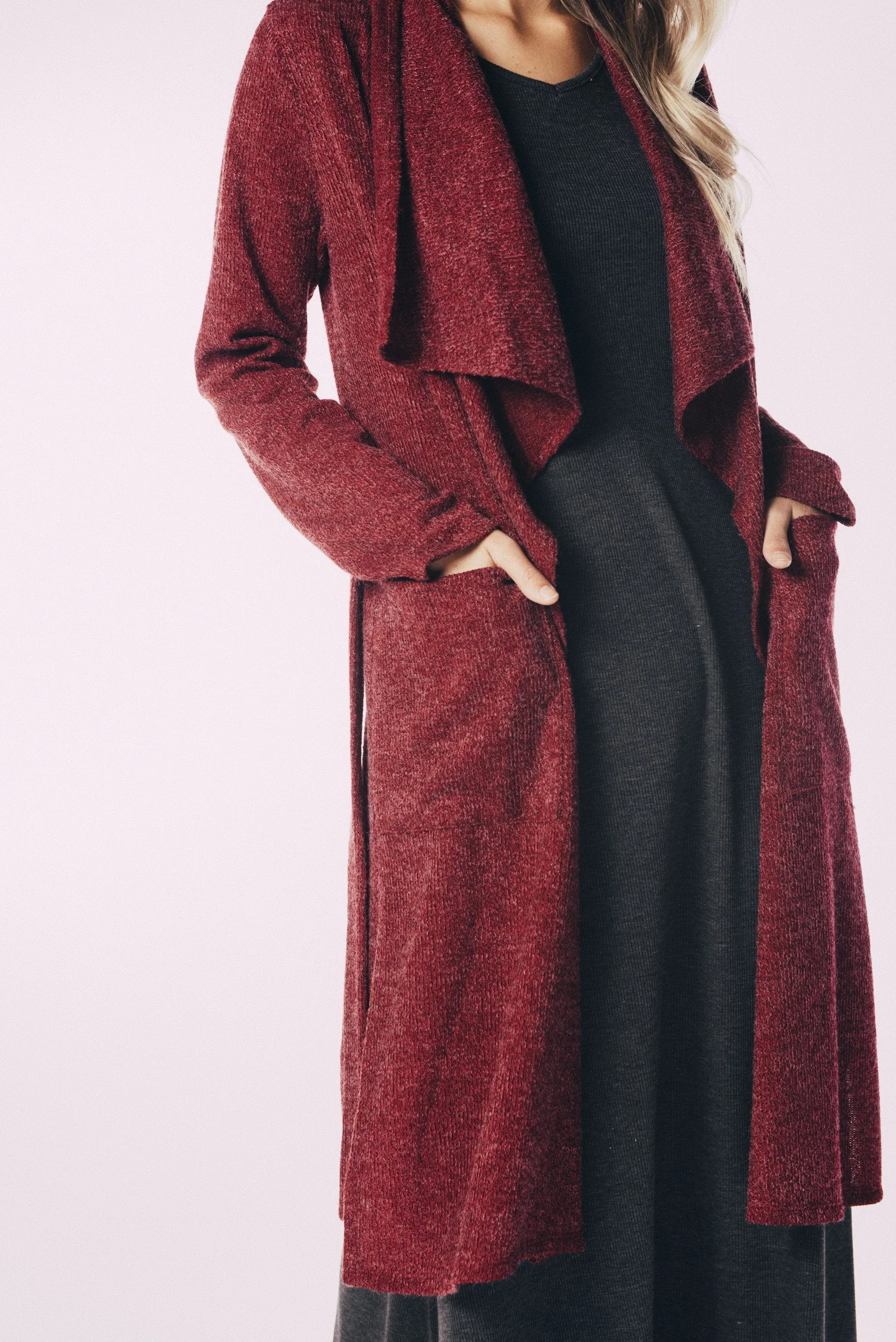 Belted Knit Trench-BURGUNDY