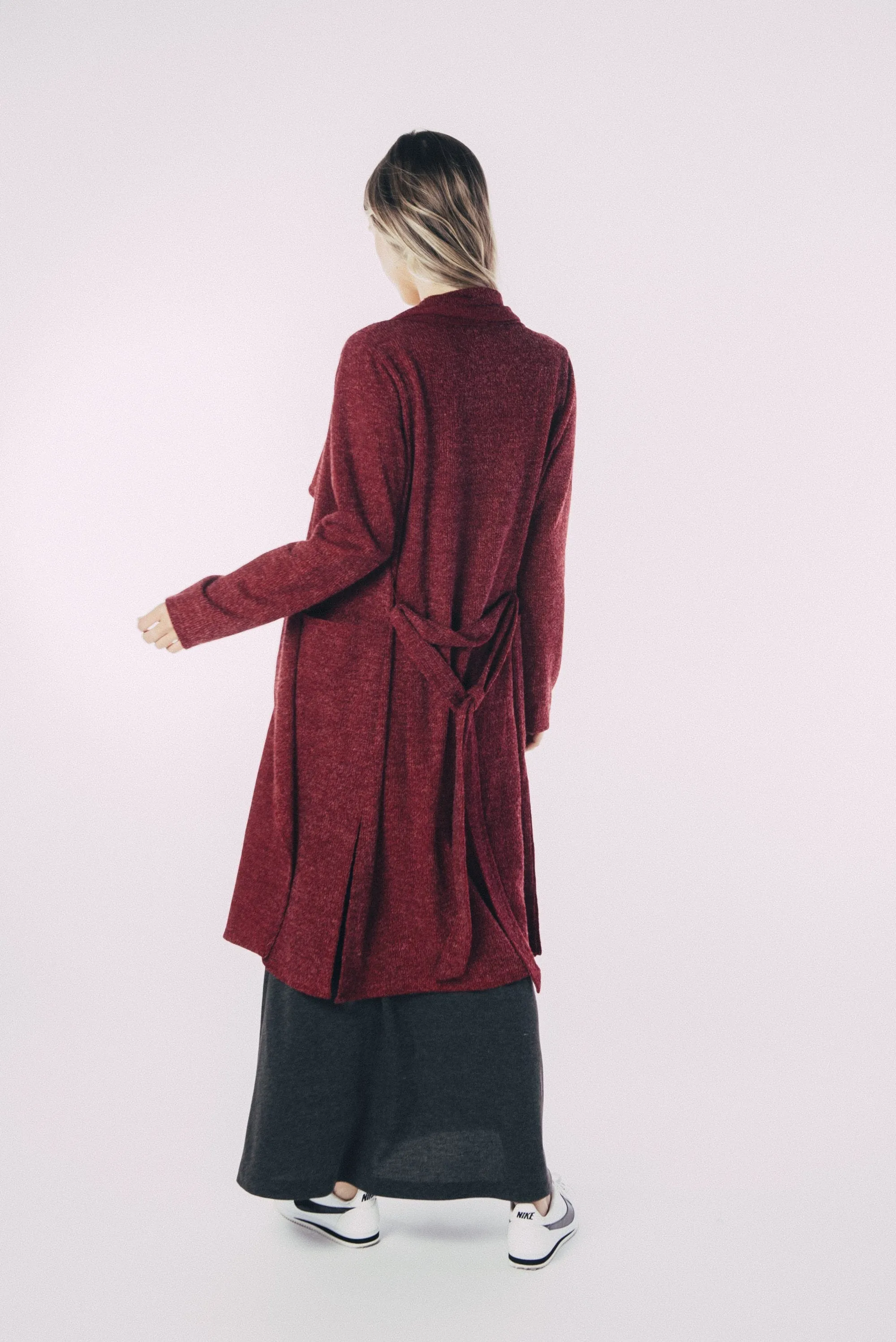 Belted Knit Trench-BURGUNDY