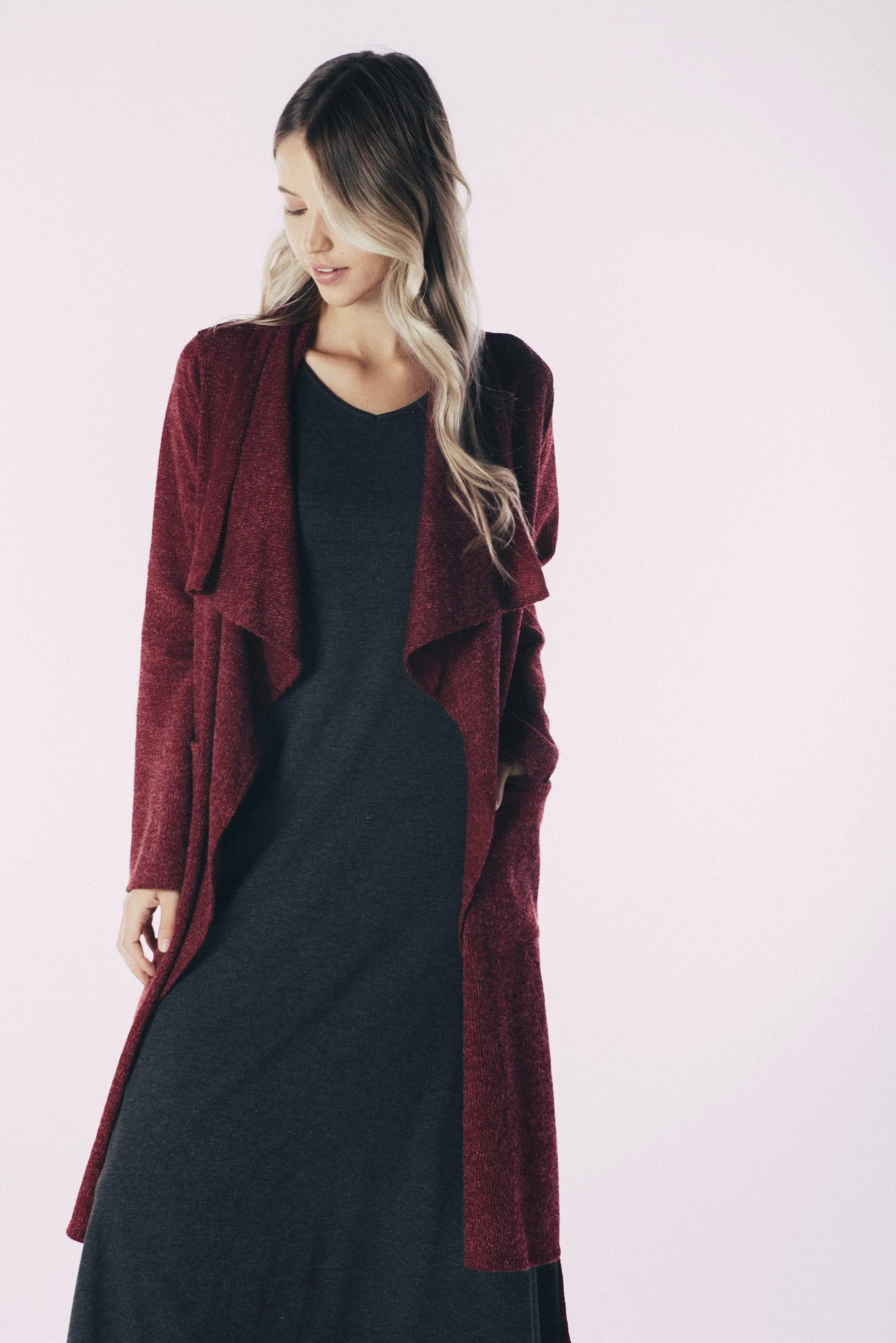 Belted Knit Trench-BURGUNDY