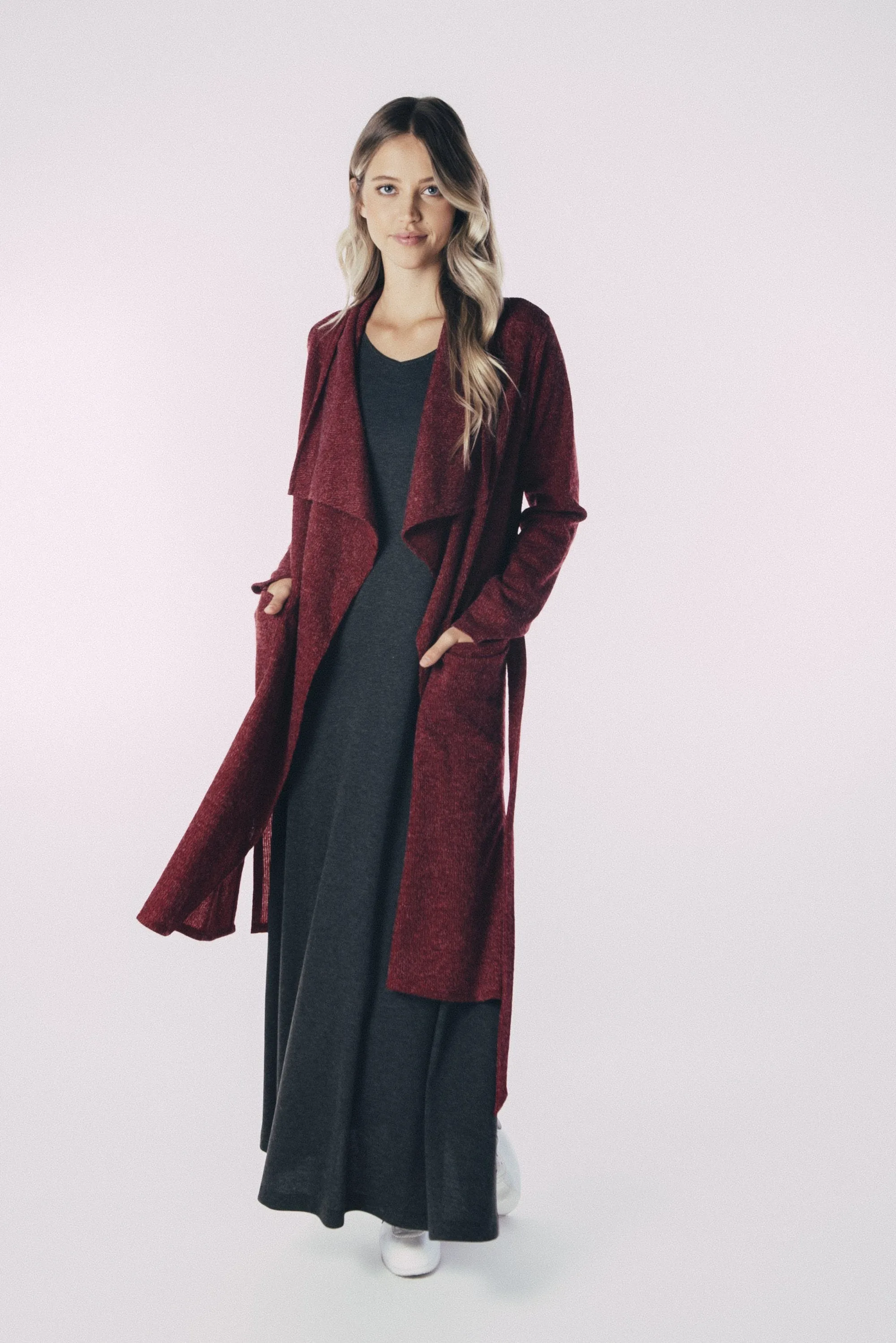 Belted Knit Trench-BURGUNDY