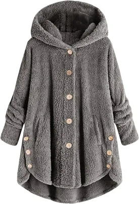 BOXIACEY Plus Size Coats for Women Wool Teddy Bear Coat Fleece Button Down Jacket Plush Hooded Cardigan with Pocket