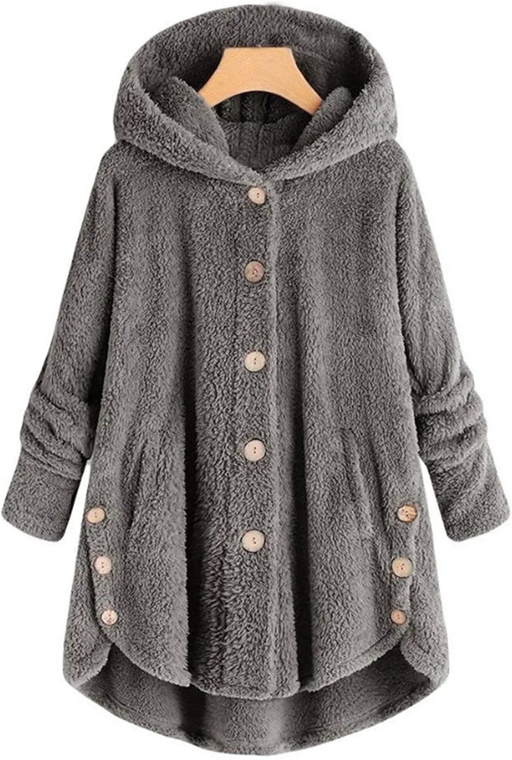 BOXIACEY Plus Size Coats for Women Wool Teddy Bear Coat Fleece Button Down Jacket Plush Hooded Cardigan with Pocket
