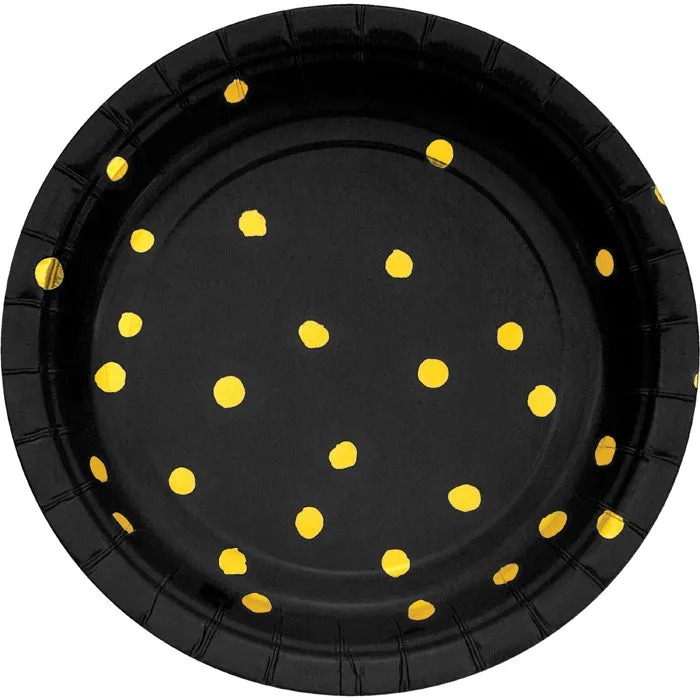 Bulk Black and Gold Foil Dot Paper Dessert Plates (96 per Case)