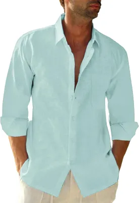 Button Down Linen Shirts for Men Casual Long Sleeve Regular Fit Cotton Beach Shirts with Pocket