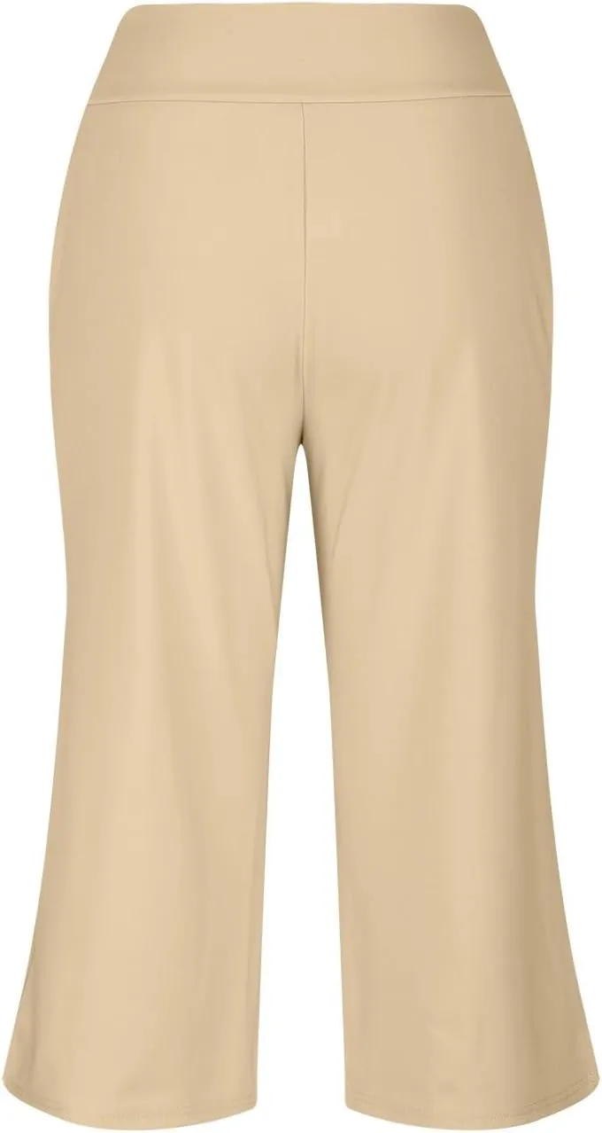 Capri Pants for Women Crossover High Waist Wide Leg Yoga Dress Capris Summer Casual Plus Size Crop Pants with Pockets