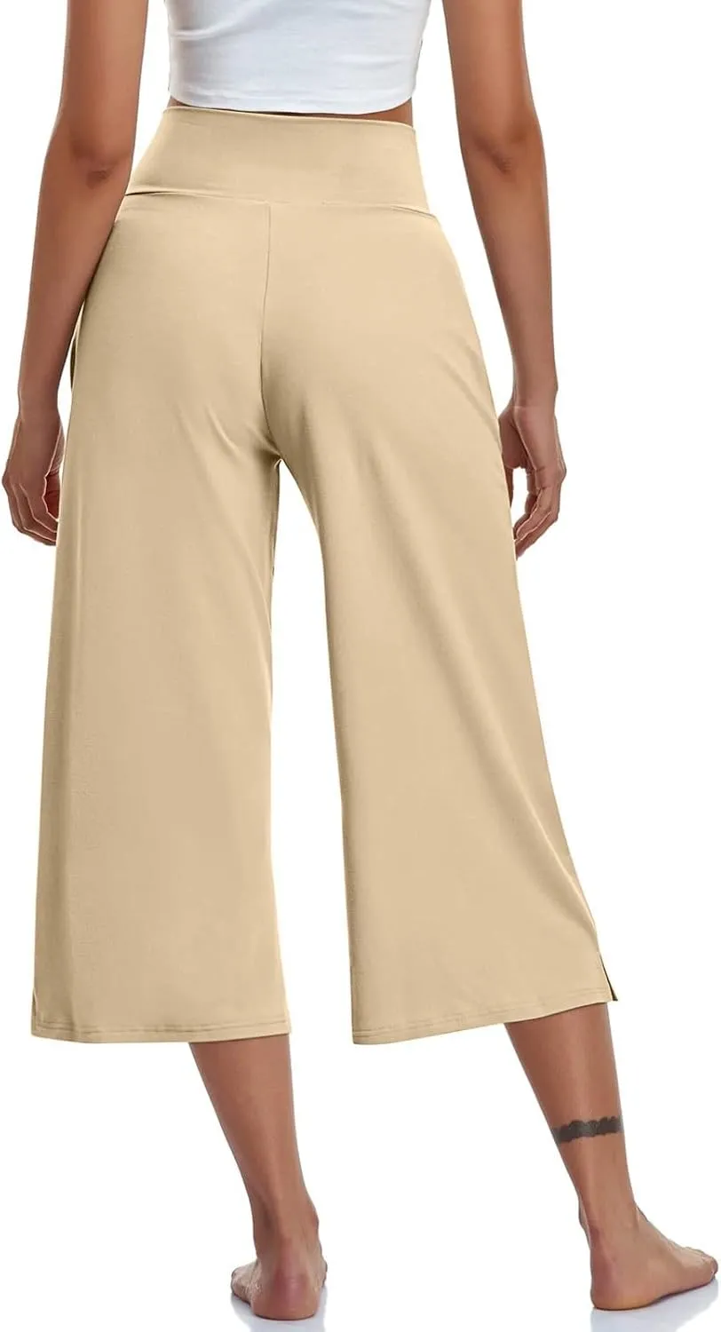 Capri Pants for Women Crossover High Waist Wide Leg Yoga Dress Capris Summer Casual Plus Size Crop Pants with Pockets