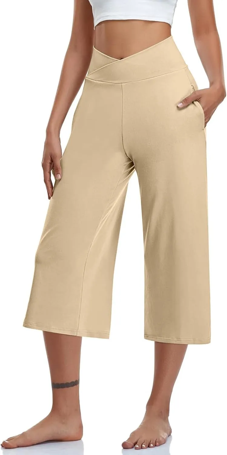 Capri Pants for Women Crossover High Waist Wide Leg Yoga Dress Capris Summer Casual Plus Size Crop Pants with Pockets