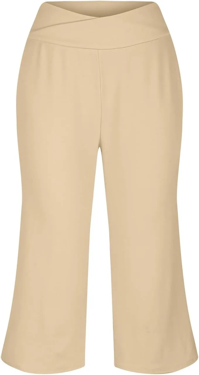 Capri Pants for Women Crossover High Waist Wide Leg Yoga Dress Capris Summer Casual Plus Size Crop Pants with Pockets