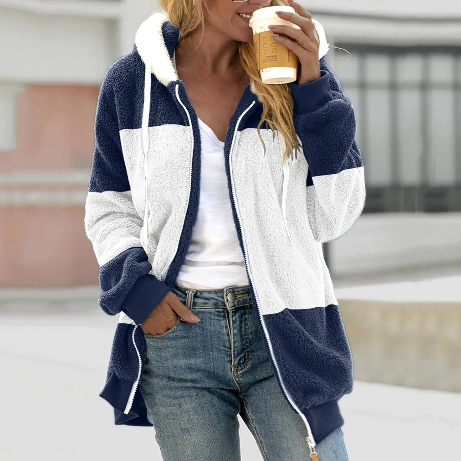 Coats for Women, Women's Fashion Casual Loose Plush Striped Zipper Long Sleeve Stitching Hooded Jacket Coat