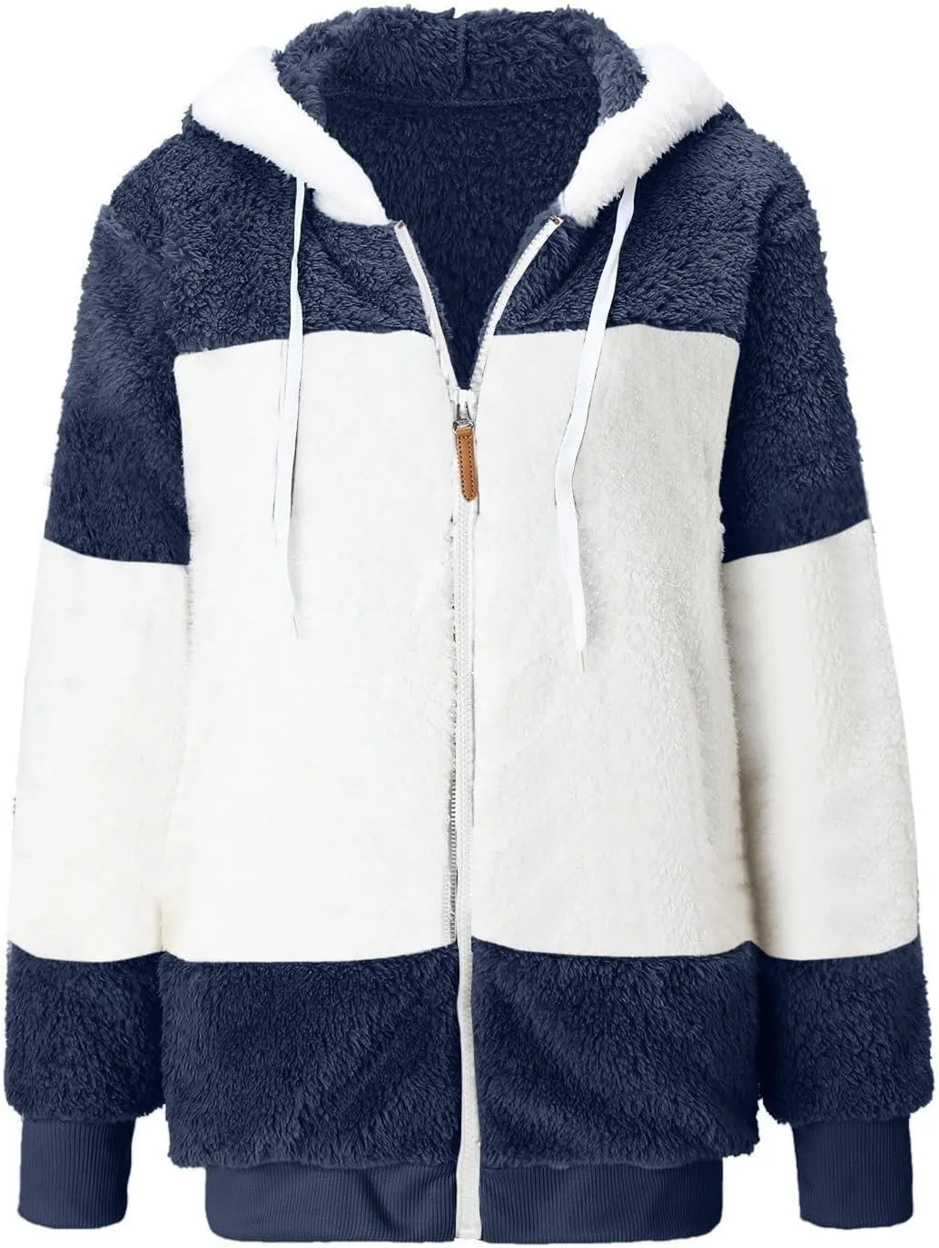 Coats for Women, Women's Fashion Casual Loose Plush Striped Zipper Long Sleeve Stitching Hooded Jacket Coat