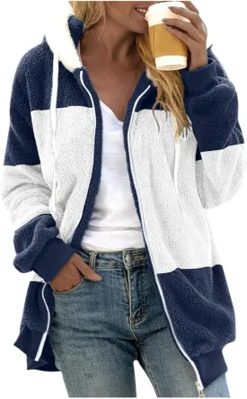 Coats for Women, Women's Fashion Casual Loose Plush Striped Zipper Long Sleeve Stitching Hooded Jacket Coat