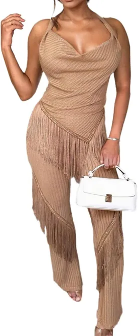 EDITCOZY Women Sexy Two Piece Outfits Fringe Pants Set Club 2 Piece Sets Going Out Birthday Party Jumpsuits