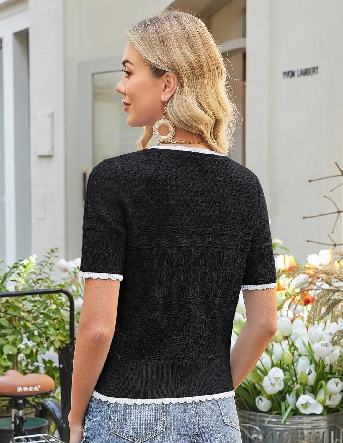 GRACE KARIN Women's Tie Front Cardigan 2025 Short Sleeve Lightweight Crochet Knit Color Block Summer Bow Sweater Tops