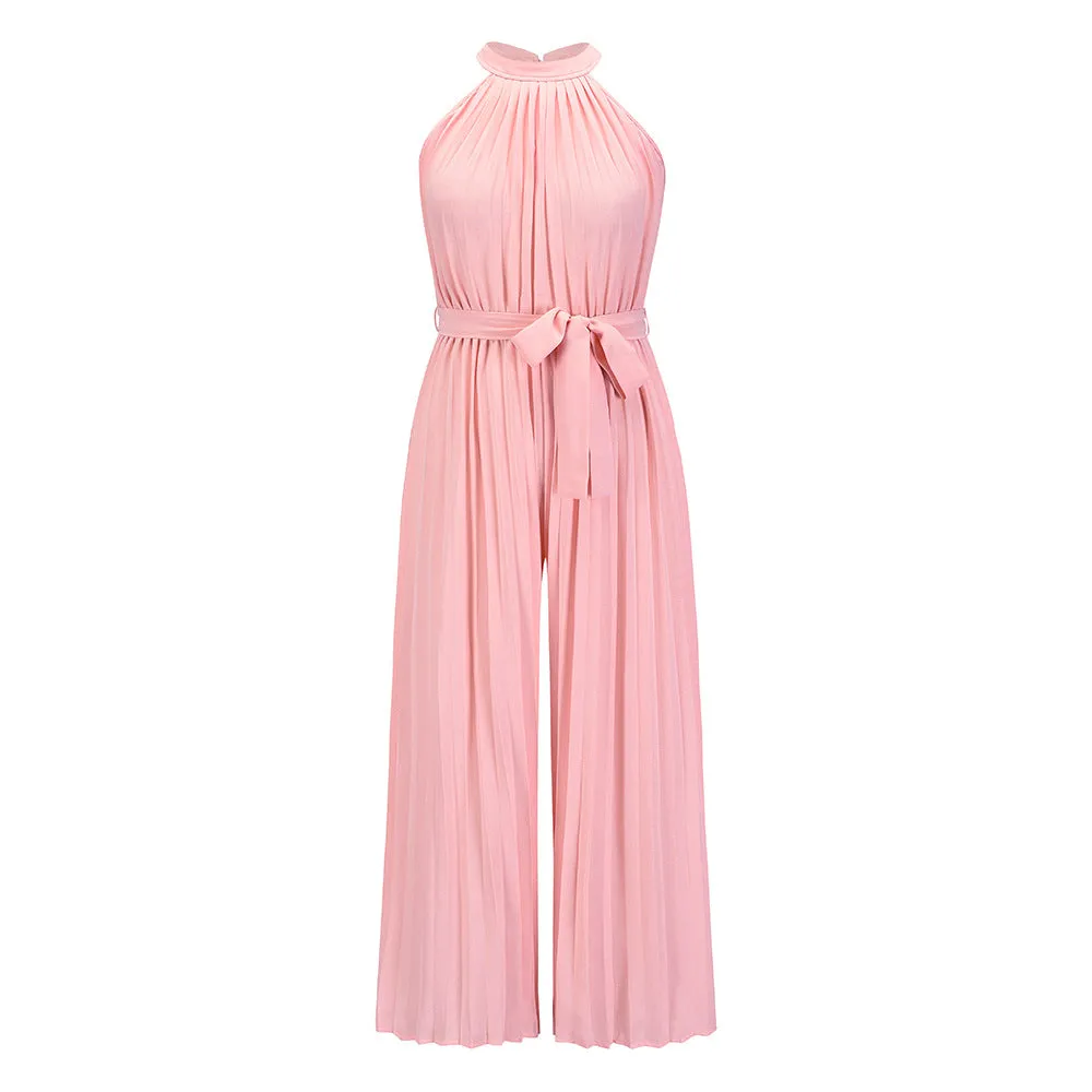 Halter Sleeveless Pleated Summer Belted Slim-fit Pleated Wide Jumpsuit