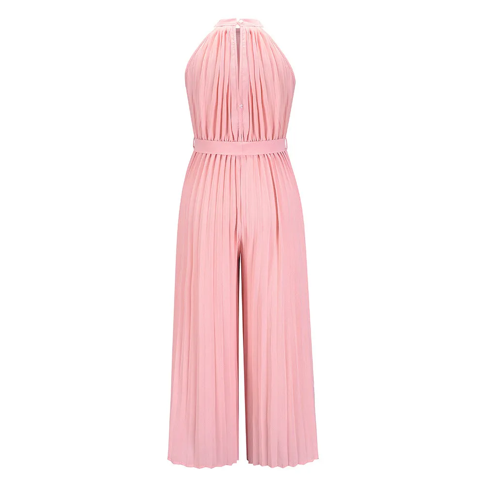 Halter Sleeveless Pleated Summer Belted Slim-fit Pleated Wide Jumpsuit