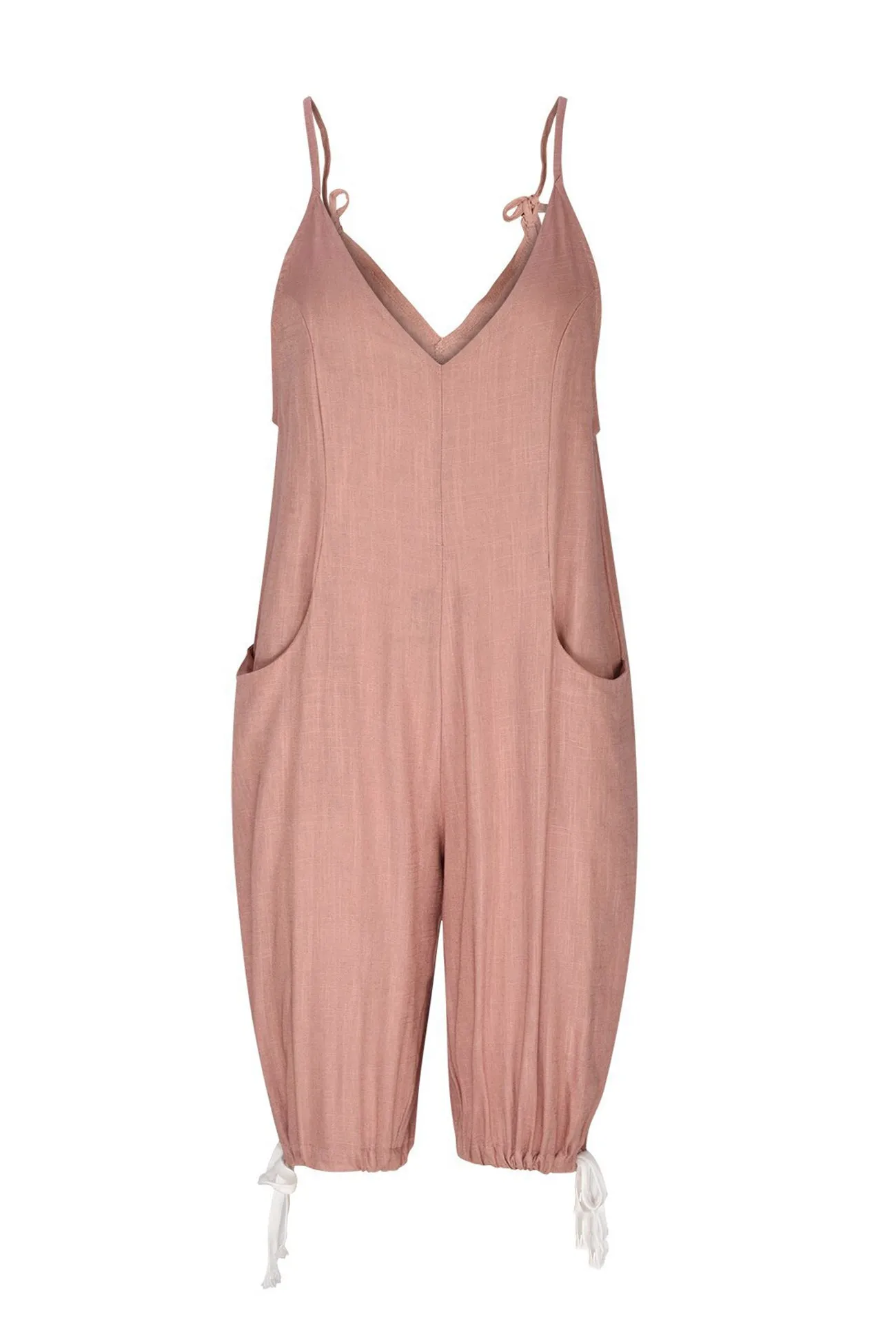 Linen V Neck Elastic Leg Opening Rompers