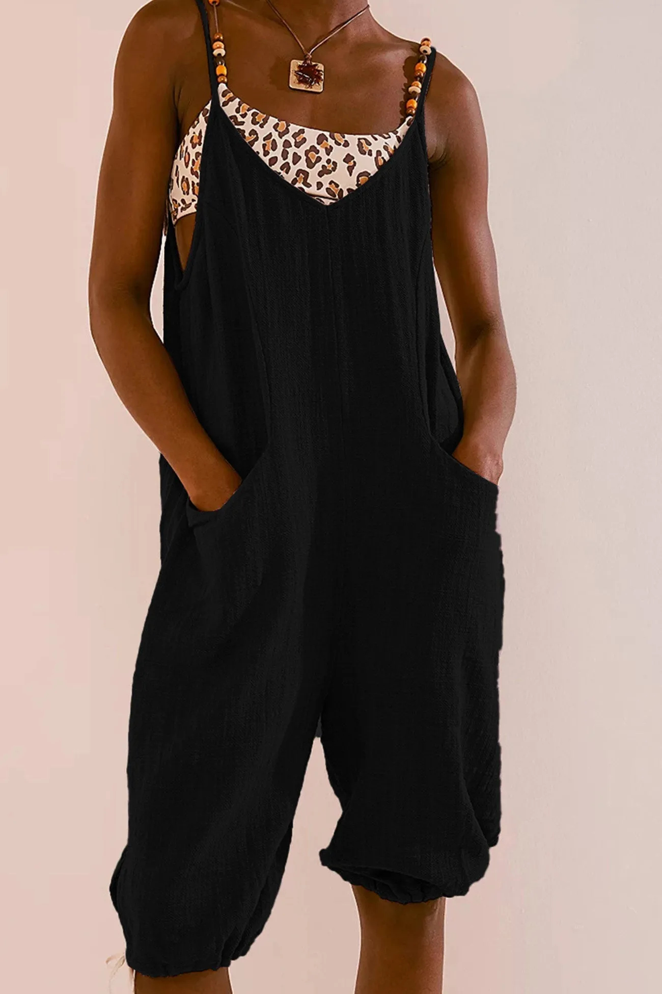 Linen V Neck Elastic Leg Opening Rompers