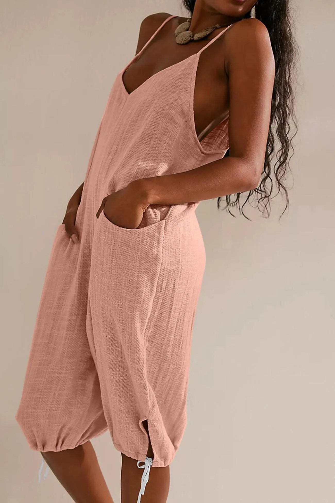Linen V Neck Elastic Leg Opening Rompers