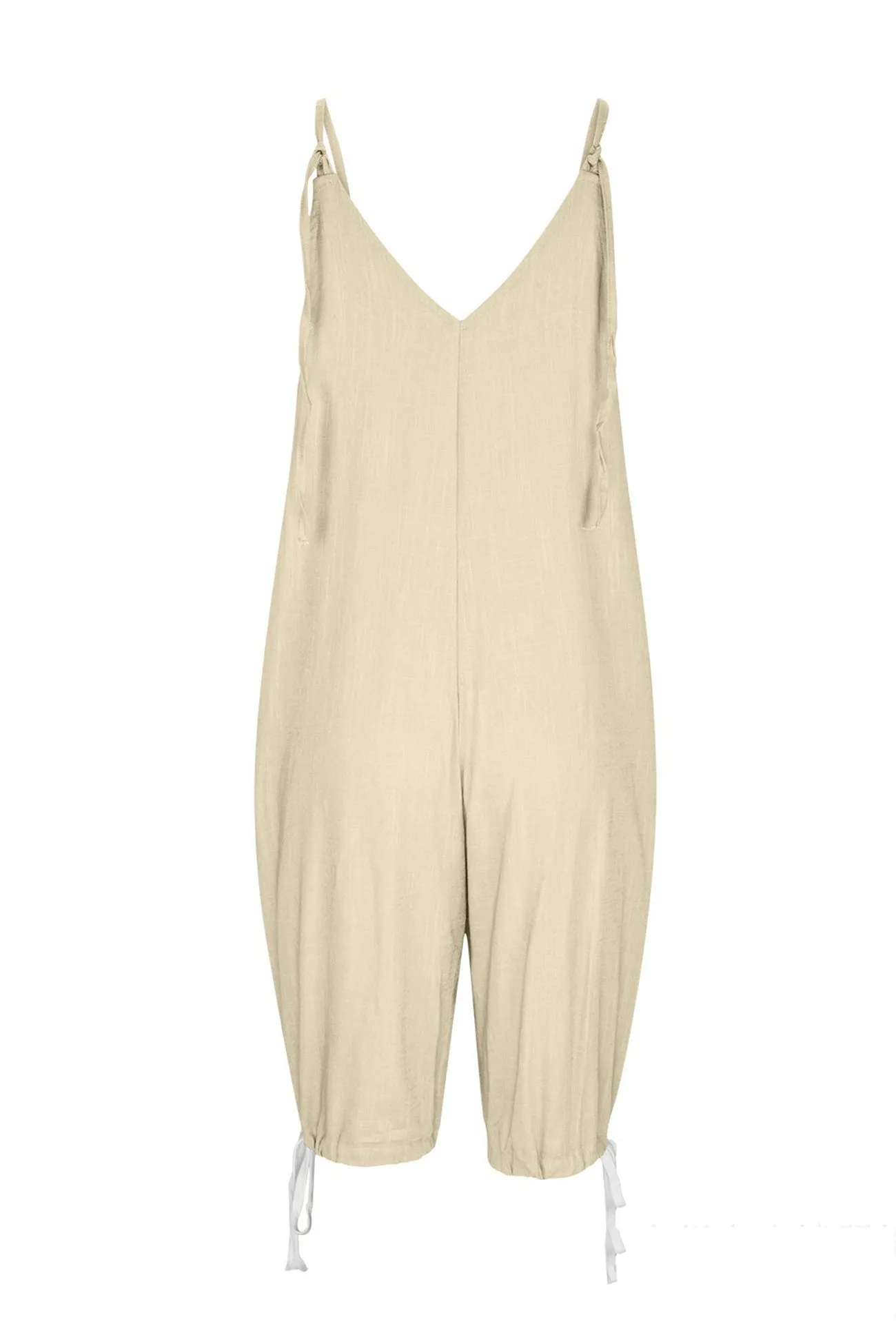 Linen V Neck Elastic Leg Opening Rompers