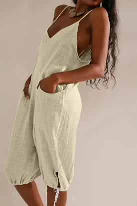 Linen V Neck Elastic Leg Opening Rompers