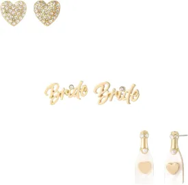 Madison Tyler 3 Pairs Wedding Earrings for Brides| Heart Champagne Bride Stud Earrings | Bride Earrings for Bachelorette Party| Bride Gifts for Wedding Celebration
