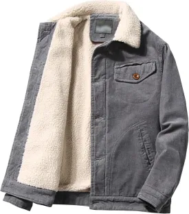 Men's Fleece Sherpa Lined Corduroy Trucker Jacket Warm Thickened Winter Coats Vintage Denim Lapel Button Coats