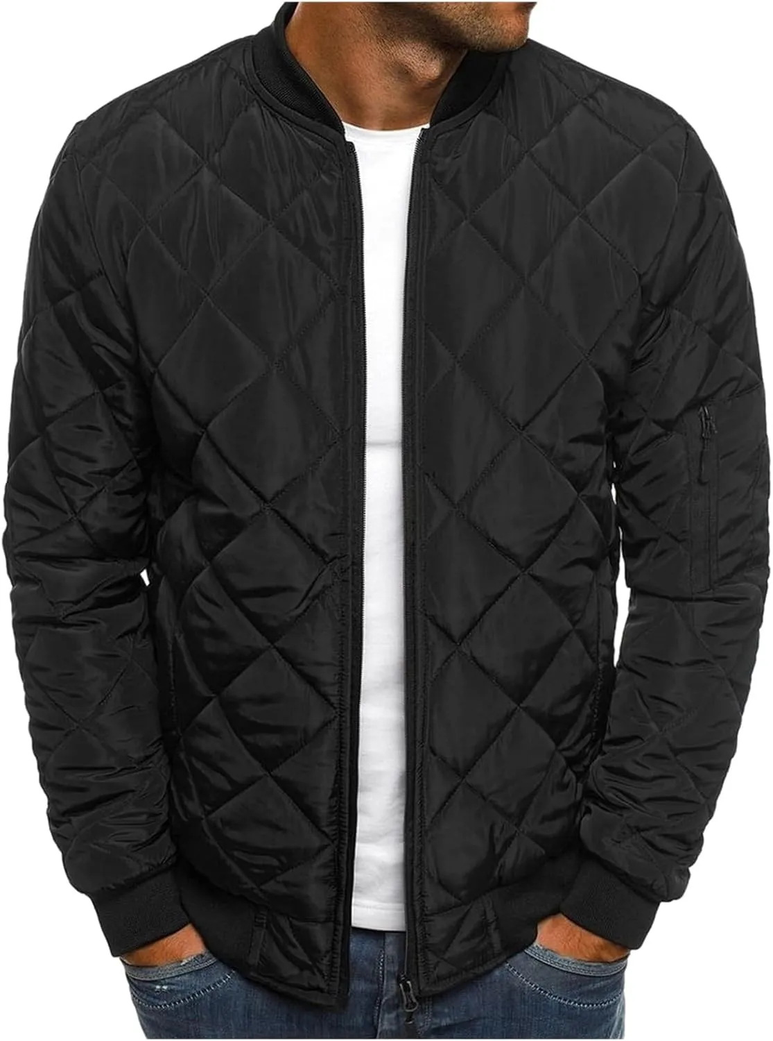 Mens Flight Bomber Jacket Relaxed Fit Diamond Quilted Varsity Jackets Fall Winter Lightweight Padded Coat Outwear