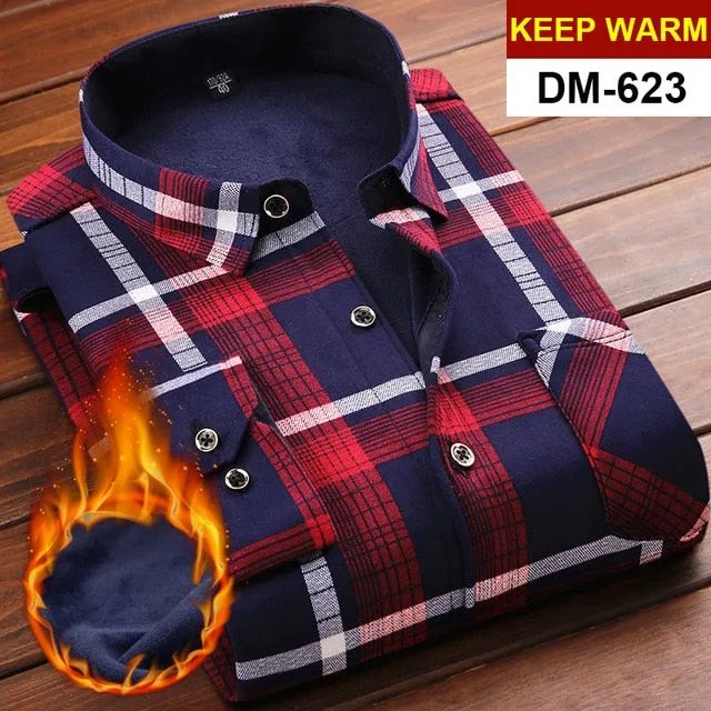 Mens Long Sleeve Plaid Warm Thick Fleece Lined Shirt