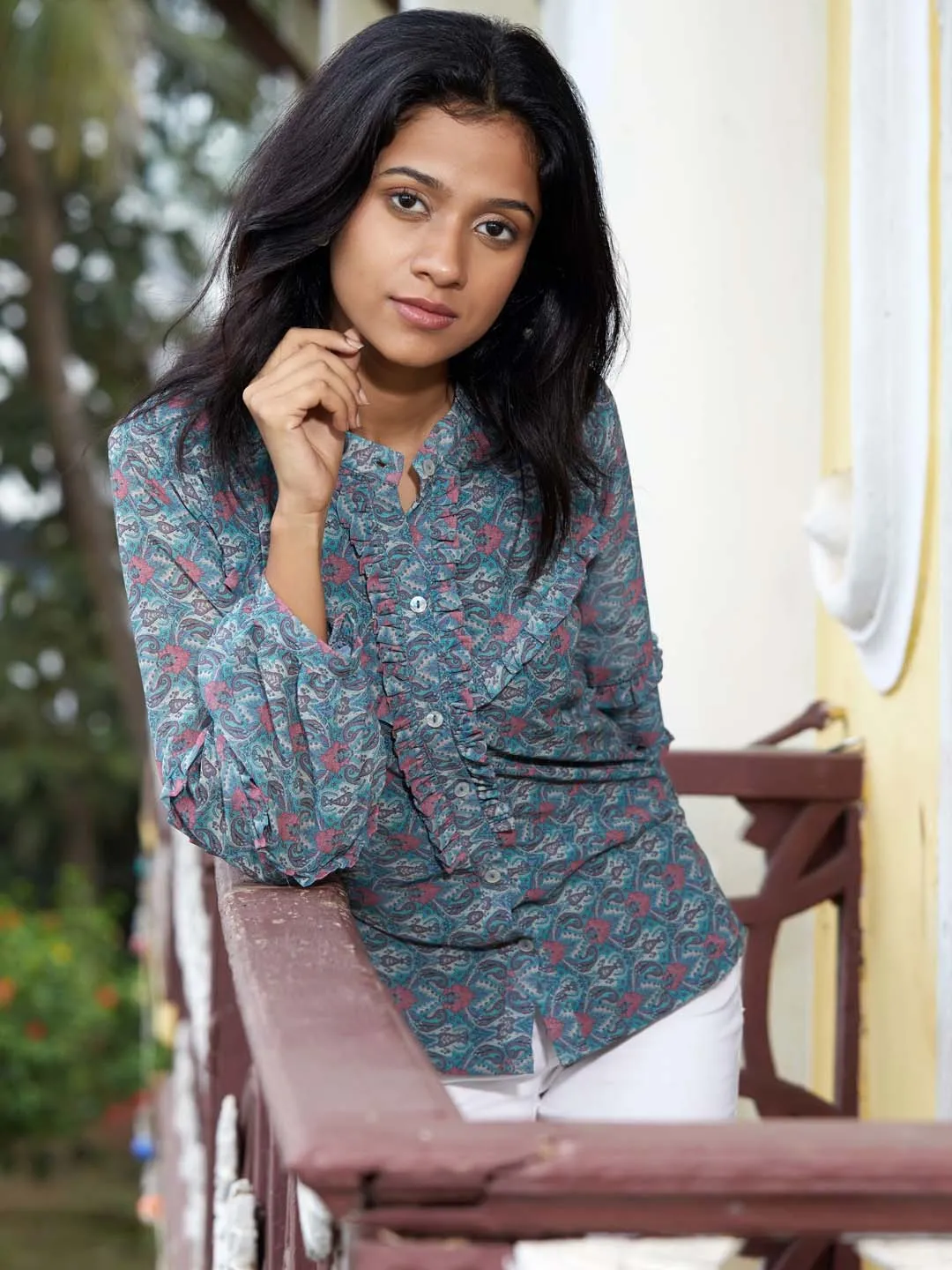Multicolor Green Floral Print Georgette Straight Shirt