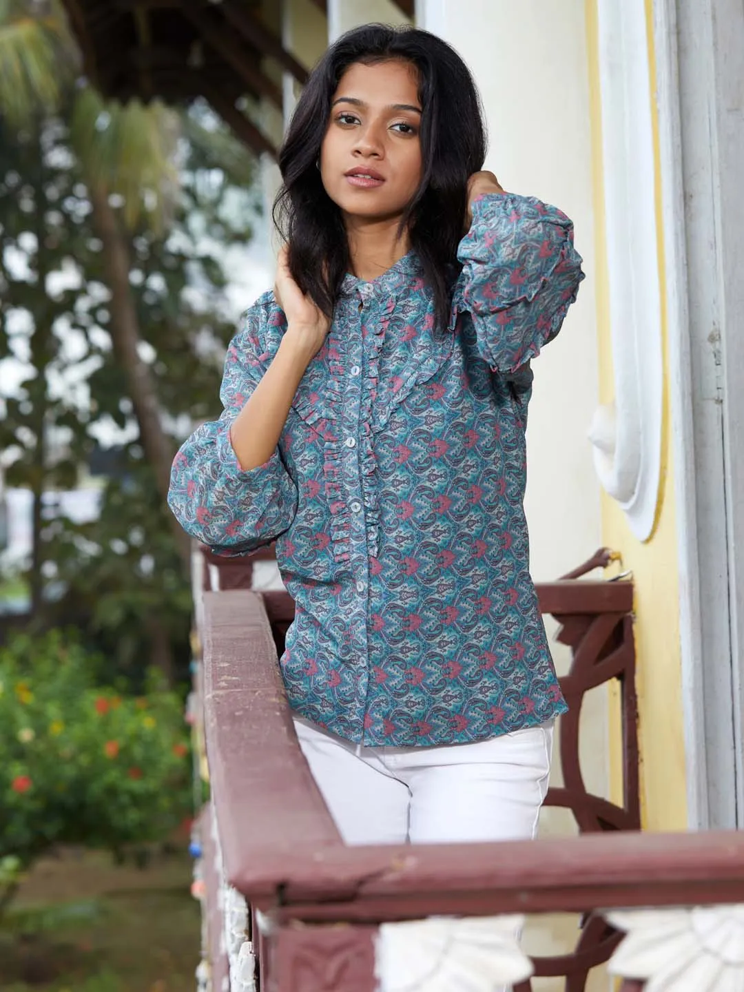 Multicolor Green Floral Print Georgette Straight Shirt