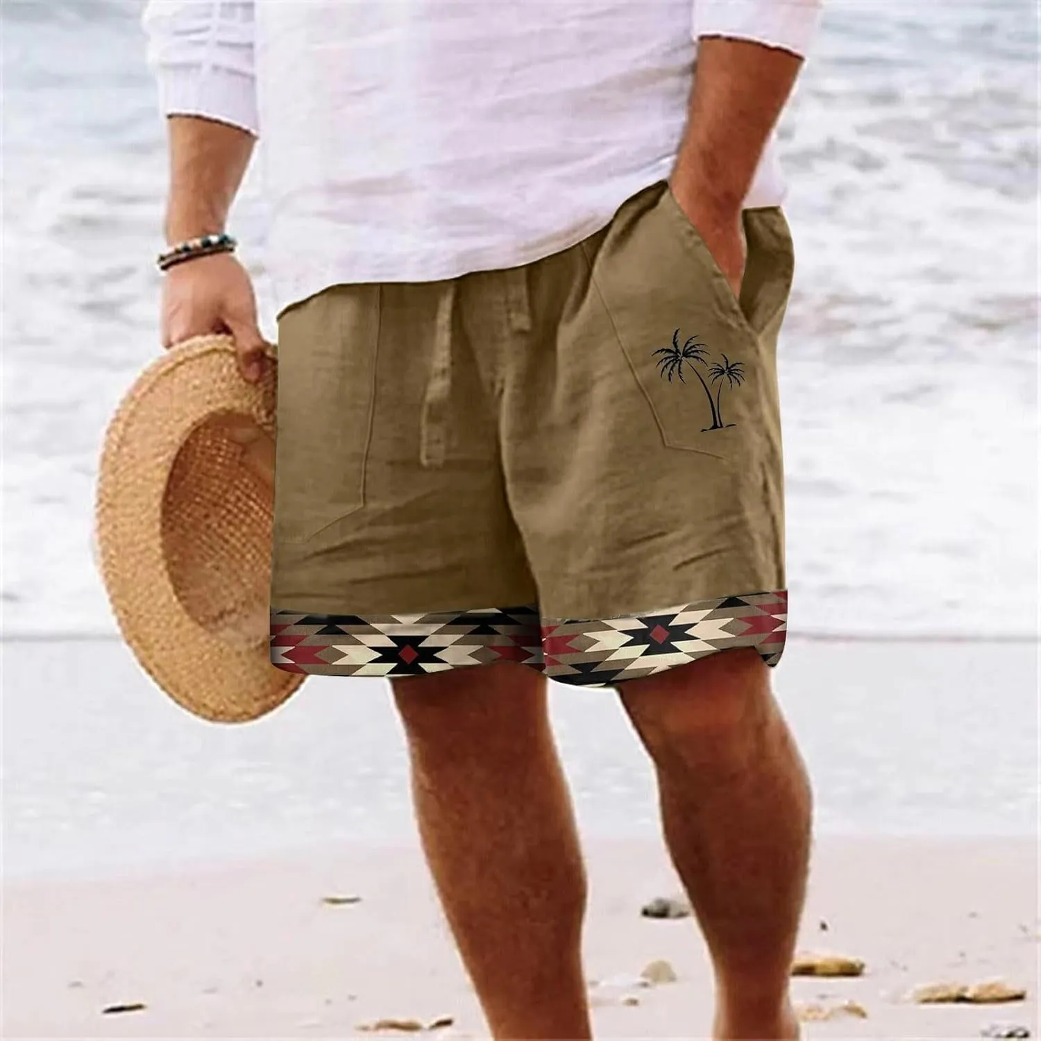 Muscularfit Men's Summer Casual Cotton Linen Shorts with Drawstring Elastic Waist, Beach Shorts with Pockets, Outdoor Fashion