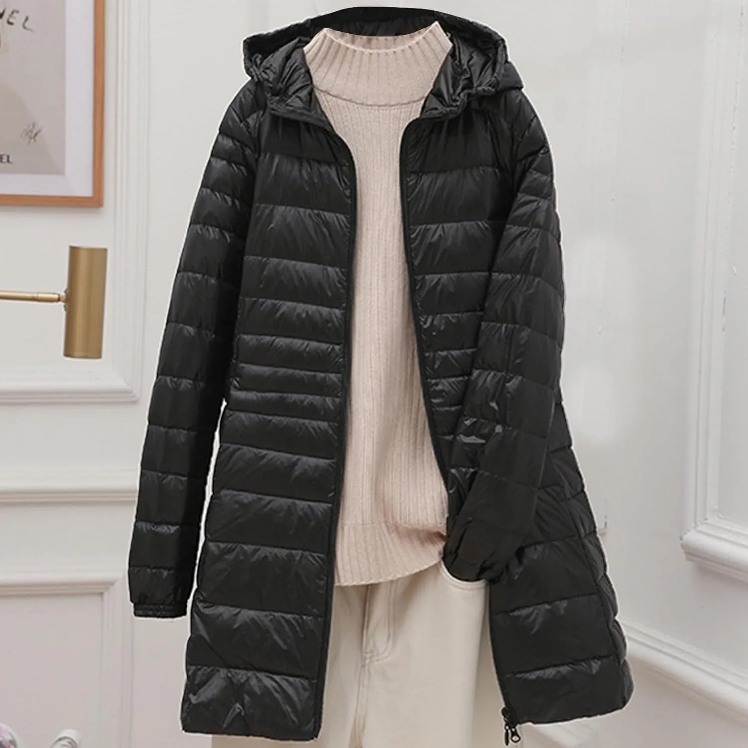 Packable Puffer Jacket Women Lightweight Padded Coats with Hood Long Winter Warm Casual Travel Down Jackets