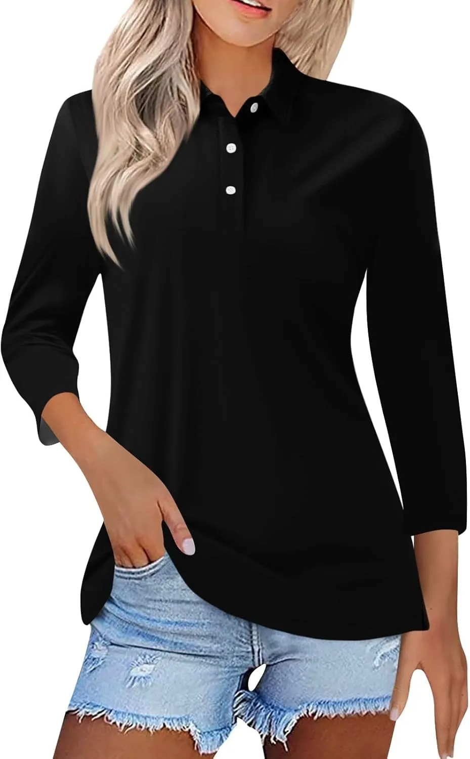 Polo Shirts for Women Summer Tops Button Down 3/4 Sleeve Golf Tees Shirts Lapel Collared Shirts Office Wear for Work