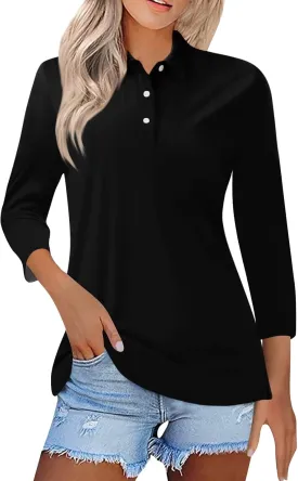 Polo Shirts for Women Summer Tops Button Down 3/4 Sleeve Golf Tees Shirts Lapel Collared Shirts Office Wear for Work