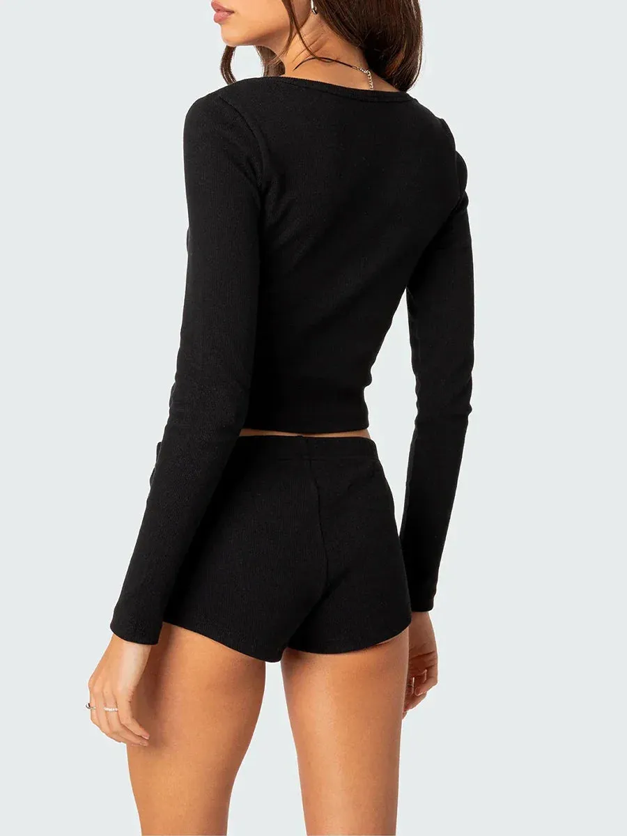 Ribbed V-Neck Long Sleeve Crop Tops Shorts Sleepwear Out Fits Solid Pajamas