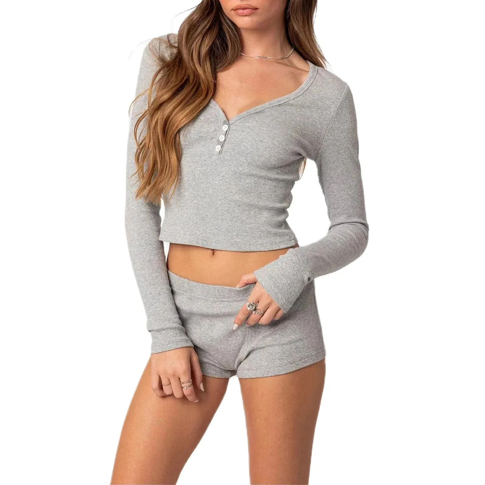 Ribbed V-Neck Long Sleeve Crop Tops Shorts Sleepwear Out Fits Solid Pajamas