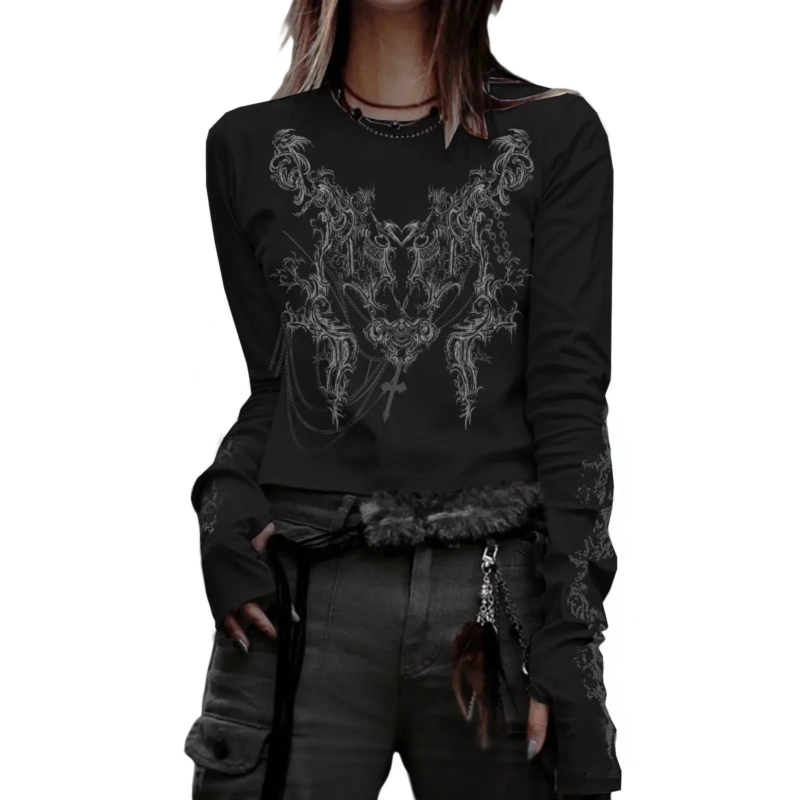 Round Neck Long Sleeve Vintage Totem Pattern Print Casual T-shirt