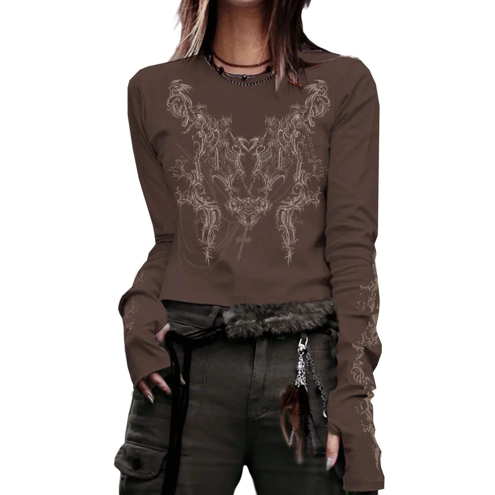Round Neck Long Sleeve Vintage Totem Pattern Print Casual T-shirt