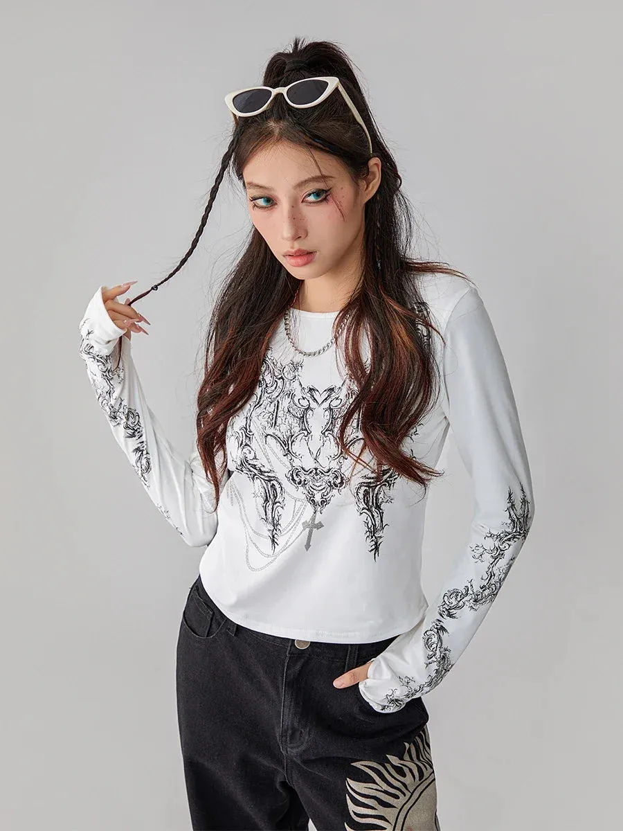 Round Neck Long Sleeve Vintage Totem Pattern Print Casual T-shirt