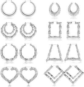 sailimue 8 Pairs Bamboo Earrings for Women Large Different Shape Bamboo Hoop Earrings Set Chunky Silver Gold Big Hoop Earring Hip-Pop Style Fashion Custom Jewelry Party Accessory
