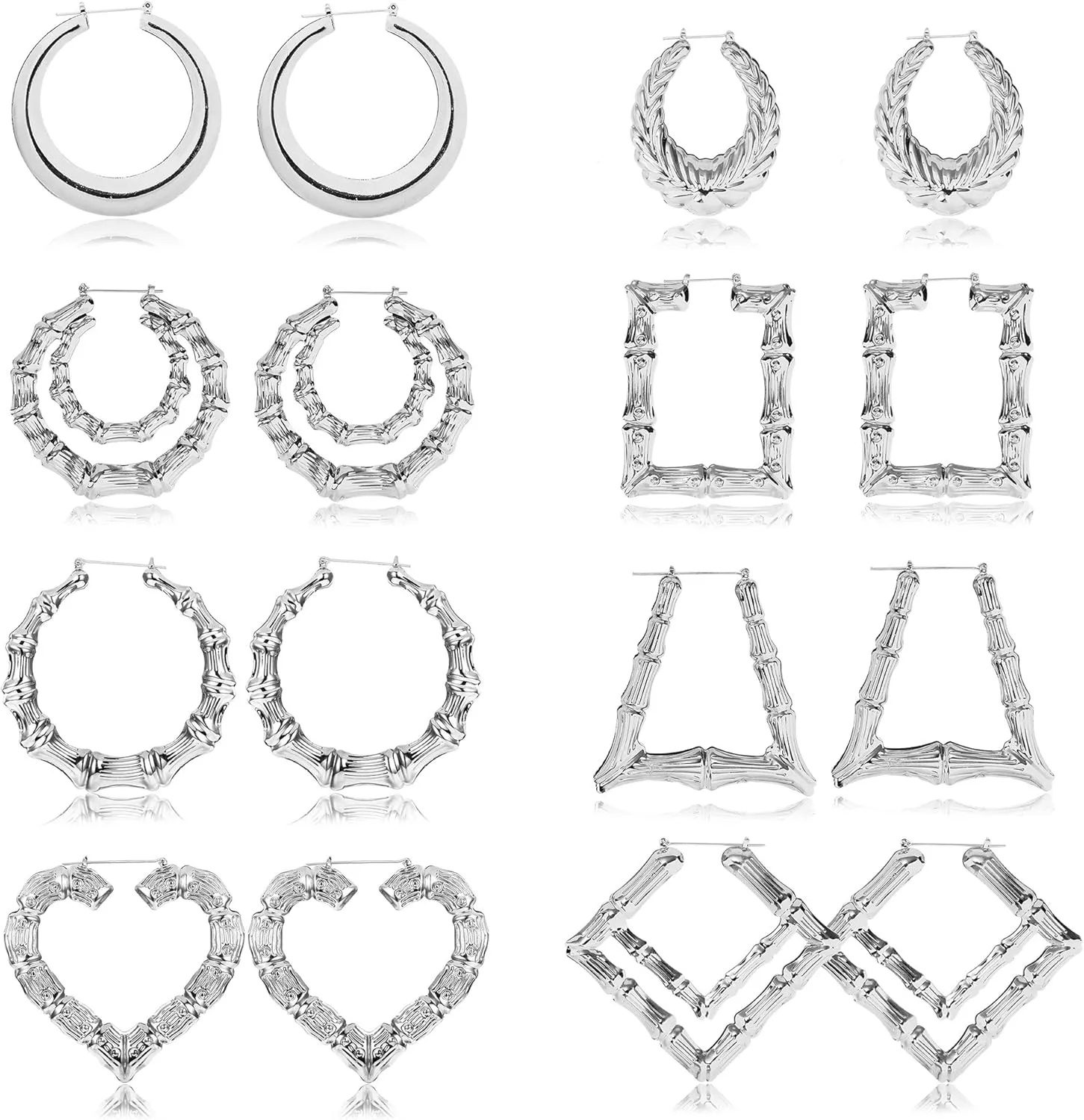 sailimue 8 Pairs Bamboo Earrings for Women Large Different Shape Bamboo Hoop Earrings Set Chunky Silver Gold Big Hoop Earring Hip-Pop Style Fashion Custom Jewelry Party Accessory