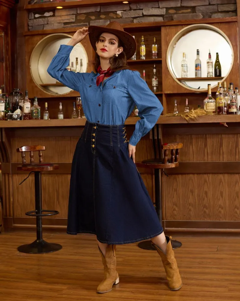 Seckill Offer⌛Vintage Jean Shirt Long Sleeve Lapel Collar V-Neck Button-up Tops