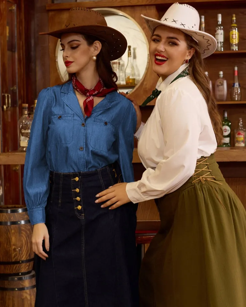 Seckill Offer⌛Vintage Jean Shirt Long Sleeve Lapel Collar V-Neck Button-up Tops