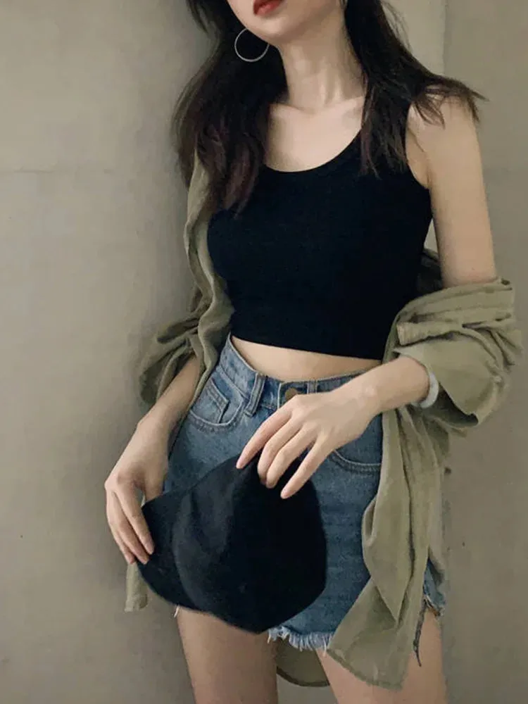 Sleeveless Camisole Crop Top Tight Short Sleeve Tee for Women