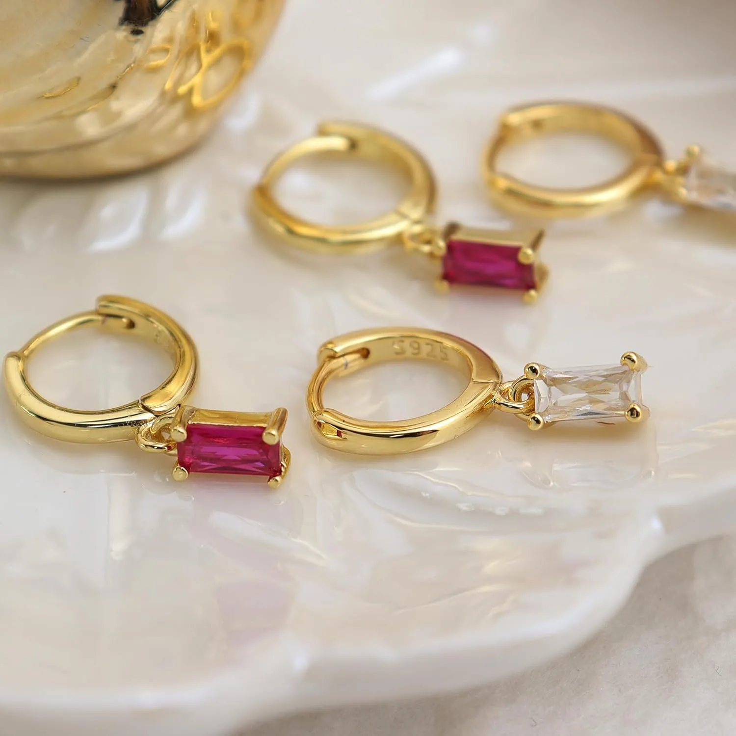 Small Gold Silver Hoop Earrings for Women, Dainty Square Rhinestone Lightweight Rectangle Multicolor Crystal Birthstone Dangling Huggie Earing Prom Jewelry Gift