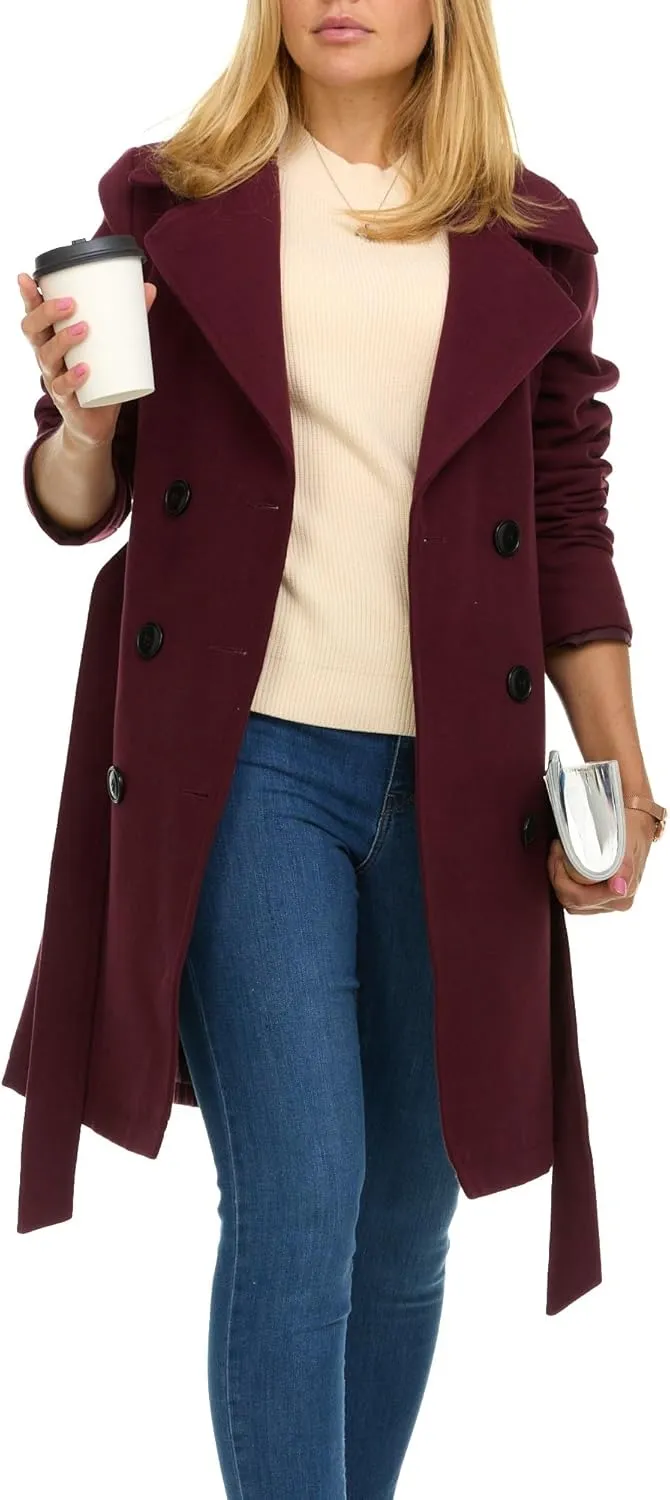 Steve Madden Trench Coat for Women ?C Double-Breasted Long Winter Faux Wool Coat
